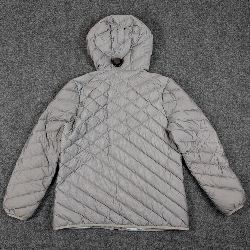 Eddie Bauer Womens XL Grey Pinstripe Hooded Down Puffer Jacket Quilted Full Zip - Picture 3 of 10